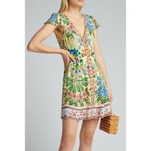 Alice + Olivia Yellow Floral V-Neck Mini Dress with Multicolor Floral Print